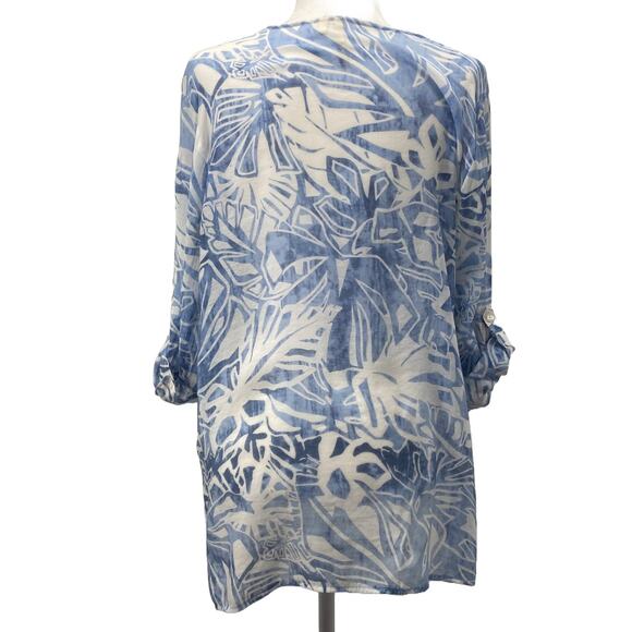 Grand & Greene Blue White Tropical Sheer Tunic Blouse L Roll Tab Sleeve Top - Picture 3 of 15